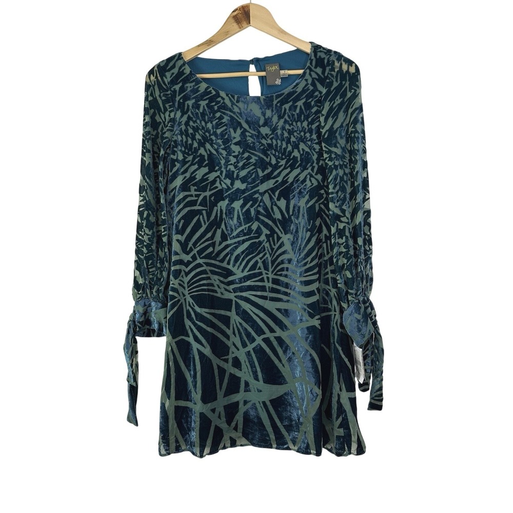 Taylor Dress Blue Burnout Velvet Womens 2 Boat Neck Tie Sleeves Shift‎ Party